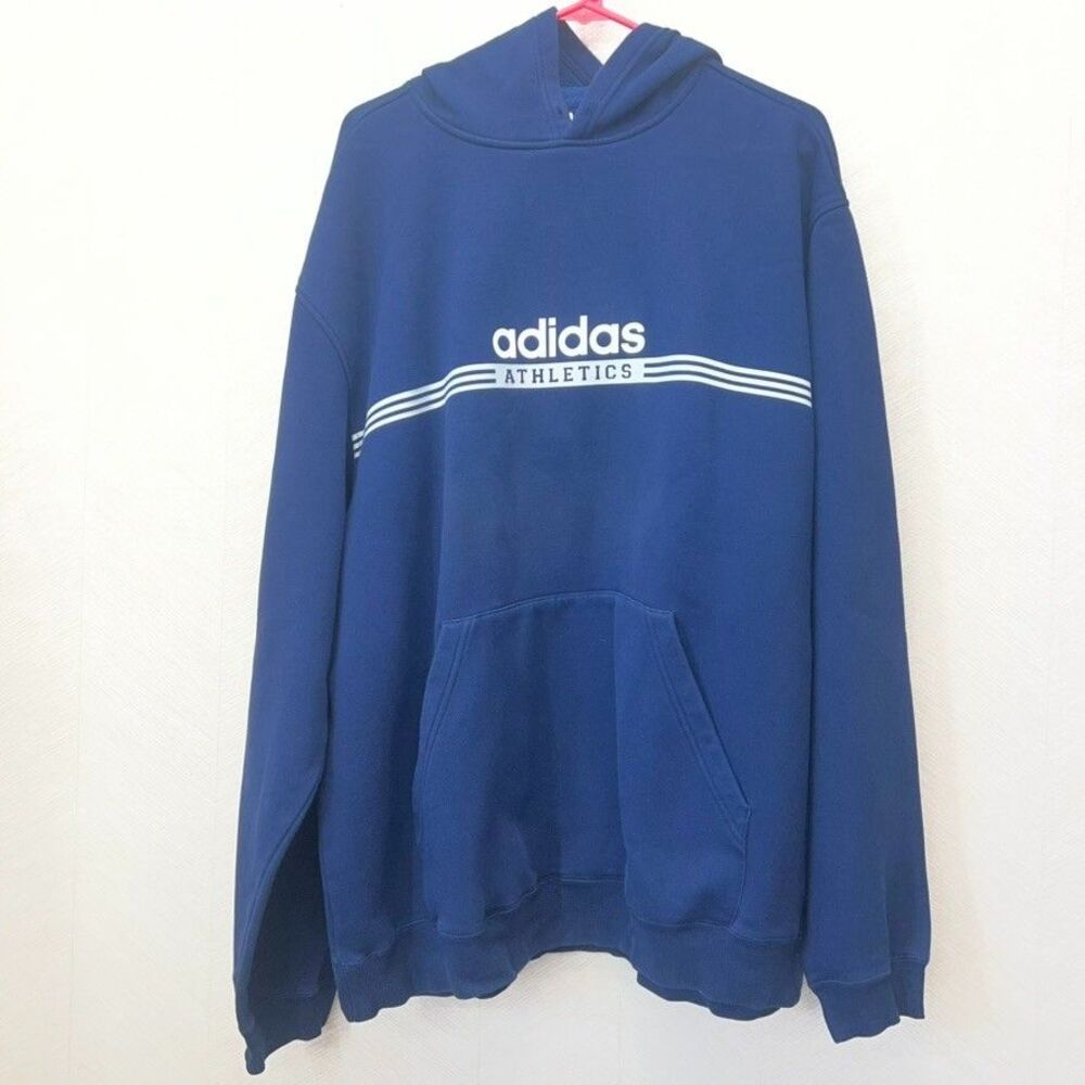 Adidas Athletics Long Sleeve Kangaroo Pocket Navy Fleece Pullover Hoodie Mens XL